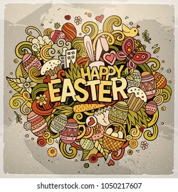 Cartoon vector hand drawn Doodle Happy Easter illustration. Colorful detailed design background with objects and symbols. All objects are separated