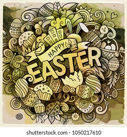 Cartoon vector hand drawn Doodle Happy Easter illustration. Watercolor detailed background with objects and symbols. All objects are separated