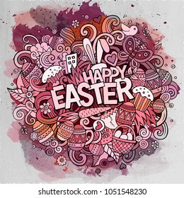 Cartoon vector hand drawn Doodle Happy Easter illustration. Watercolor detailed background with objects and symbols. All objects are separated