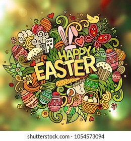 Cartoon vector hand drawn Doodle Happy Easter illustration. All objects are separated. Blurred background