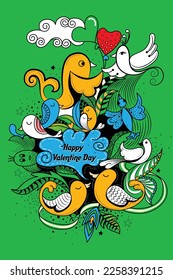 Cartoon vector hand drawn Doodle Happy Valentines Day illustration. Colorful detailed design background with objects and symbols. All objects are separated
