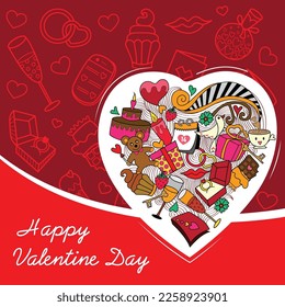 Dibujo a mano del vector de dibujos Doodle Happy Valentines Day. Fondo de diseño detallado y colorido con objetos y símbolos. Todos los objetos están separados