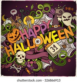 Cartoon vector hand drawn Doodle Happy Halloween illustration. Colorful design background with objects and symbols.