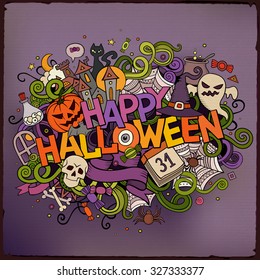 Cartoon vector hand drawn Doodle Happy Halloween illustration. Colorful design background with objects and symbols.