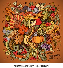 Cartoon vector hand drawn Doodle Thanksgiving illustration. Colorful design background with objects and symbols.
