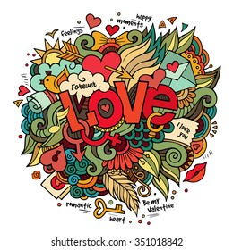 Cartoon vector hand drawn doodle Love illustration. Colorful design background with objects and symbols.