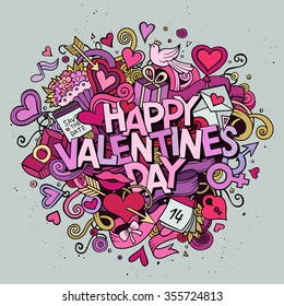 Cartoon vector hand drawn Doodle Happy Valentine's Day illustration. Colorful design background with objects and symbols.