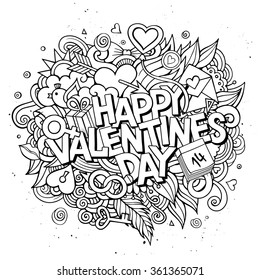 Cartoon vector hand drawn Doodle Happy Valentines Day illustration. Line art detailed design background with objects and symbols