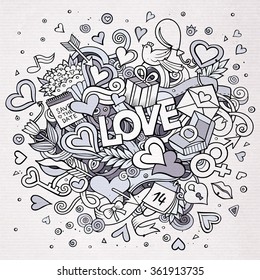 Cartoon vector hand drawn Doodle Love illustration. Line art design background with objects and symbols.