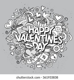 Cartoon vector hand drawn Doodle Happy Valentines Day illustration. Line art detailed design background with objects and symbols. All objects are separated