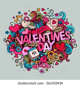 Cartoon Vector Hand Drawn Doodle Happy Valentines Day Illustration. Colorful Detailed Design Background With Objects And Symbols. All Objects Are Separated