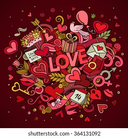 Cartoon vector hand drawn Doodle Love illustration. Colorful design background with objects and symbols. All objects are separated