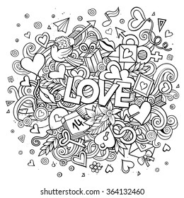 Cartoon vector hand drawn Doodle Love illustration. Line art design background with objects and symbols. All objects are separated