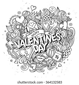 Cartoon vector hand drawn Doodle Happy Valentines Day illustration. Line art detailed design background with objects and symbols