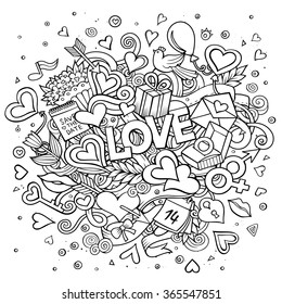 Cartoon vector hand drawn Doodle Love illustration. Line art design background with objects and symbols. All objects are separated