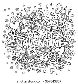 Cartoon vector hand drawn Doodle Be My Valentine illustration. Line art detailed design background with objects and symbols. All objects are separated