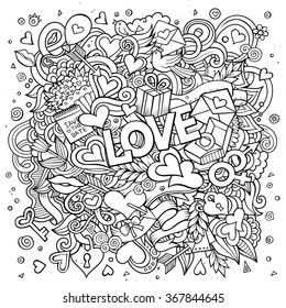 Cartoon vector hand drawn Doodle Love illustration. Line art detailed design background with objects and symbols
