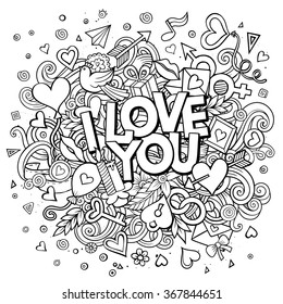 Cartoon vector hand drawn Doodle I Love You illustration. Line art design background with objects and symbols. All objects are separated