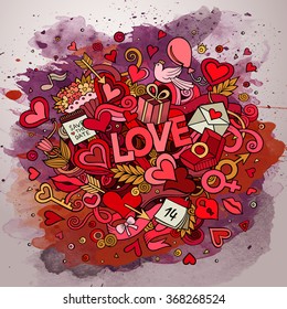 Cartoon vector hand drawn Doodle Love illustration. Line art watercolor design background with objects and symbols.