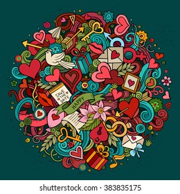 Cartoon vector hand drawn Doodle Love illustration. Colorful detailed circle design background with objects and symbols. All objects are separated