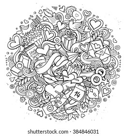Cartoon vector hand drawn Doodle Love illustration. Line art sketchy detailed design background with objects and symbols. All objects are separated