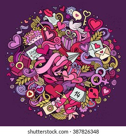 Dibujo de Doodle Love dibujado a mano por el vector de caricatura. Fondo de diseño detallado y colorido con objetos y símbolos. Todos los objetos están separados