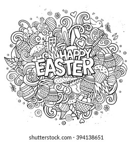 Cartoon vector hand drawn Doodle Happy Easter illustration. Line art detailed design background with objects and symbols. All objects are separated