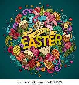 Cartoon vector hand drawn Doodle Happy Easter illustration. Colorful detailed design background with objects and symbols. All objects are separated