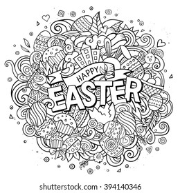 Cartoon vector hand drawn Doodle Happy Easter illustration. Line art detailed design background with objects and symbols. All objects are separated