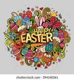 Cartoon vector hand drawn Doodle Happy Easter illustration. Colorful detailed design background with objects and symbols. All objects are separated