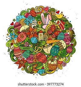 Cartoon vector hand drawn Doodle Happy Easter illustration. Colorful round detailed design background with objects and symbols. All objects are separated