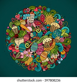 Cartoon vector hand drawn Doodle Happy Easter illustration. Colorful round detailed design background with objects and symbols. All objects are separated