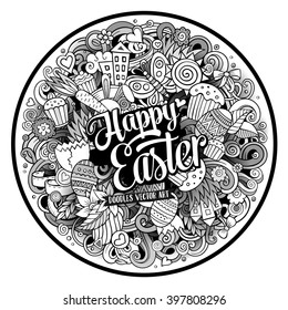 Cartoon vector hand drawn Doodle Happy Easter round design. Line art detailed illustration with objects and symbols. All objects are separated