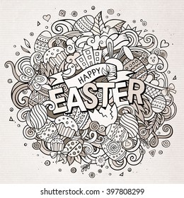 Cartoon vector hand drawn Doodle Happy Easter illustration. Line art detailed design background with objects and symbols. All objects are separated