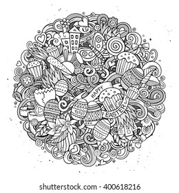 Cartoon vector hand drawn Doodle Happy Easter illustration. Line art  round detailed design background with objects and symbols. All objects are separated