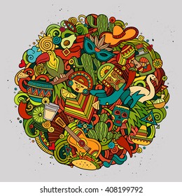 Cartoon vector hand drawn Doodle Latin American circle illustration. Colorful round detailed design background with objects and symbols. All objects are separated. Amazing bright colors.