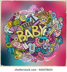 Cartoon vector hand drawn Doodle Baby illustration. Colorful detailed design background with objects and symbols