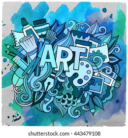 Cartoon vector hand drawn Doodle Art illustration. Watercolor detailed design background with objects and symbols