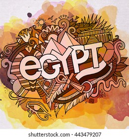 Cartoon vector hand drawn Doodle Egypt illustration. Watercolor detailed design background with objects and symbols