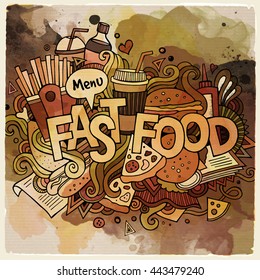 Cartoon vector hand drawn Doodle fastfood illustration. Watercolor detailed design background with objects and symbols