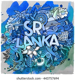 Cartoon vector hand drawn doodle Sri Lanka illustration. Watercolor detailed design background with objects and symbols