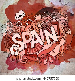 Cartoon vector hand drawn doodle Spain illustration. Watercolor detailed design background with objects and symbols