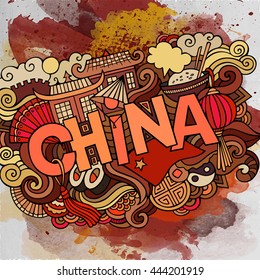 Cartoon vector hand drawn doodle China illustration. Watercolor detailed design background with objects and symbols