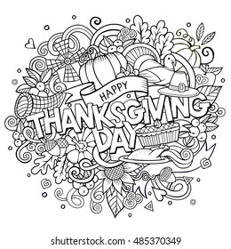 Cartoon vector hand drawn Doodle Thanksgiving illustration. Sketchy design background with objects and symbols.