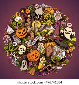 Cartoon vector hand drawn Doodle Halloween circle illustration. Colorful round detailed design background with objects and symbols. All objects are separated. Amazing bright colors.