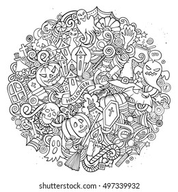 Cartoon vector hand drawn Doodle Halloween circle illustration. Colorful round detailed design background with objects and symbols. All objects are separated. Amazing bright colors.