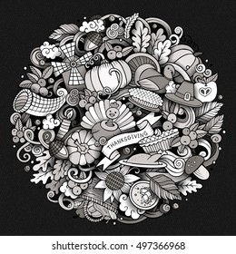 Cartoon vector hand drawn Doodle Thanksgiving Day circle illustration. Sketchy round detailed design background with objects and symbols. All objects are separated