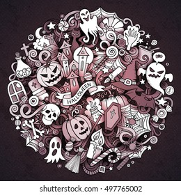 Cartoon vector hand drawn Doodle Halloween circle illustration. Colorful round detailed design background with objects and symbols. All objects are separated. Amazing bright colors.