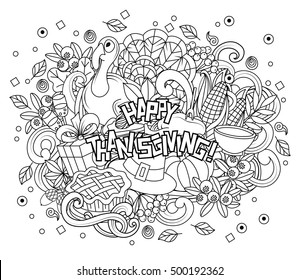 Cartoon vector hand drawn Doodle Thanksgiving illustration. Sketchy design background with objects and sybmols