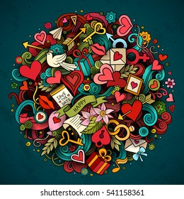 Cartoon vector hand drawn Doodle Love illustration. Colorful detailed design background with objects and symbols. All objects are separated
